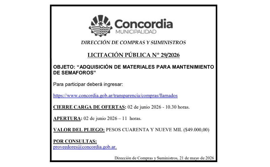 Municipalidad de Concordia – Dirección de Compras y Suministros – Licitación Pública N° 29/2026