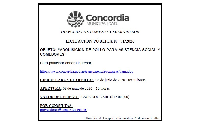 Municipalidad de Concordia – Dirección de Compras y Suministros – Licitación Pública N° 31/2026
