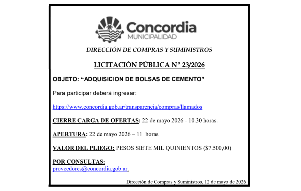 Municipalidad de Concordia – Dirección de Compras y Suministros – Licitación Pública N° 23/2026