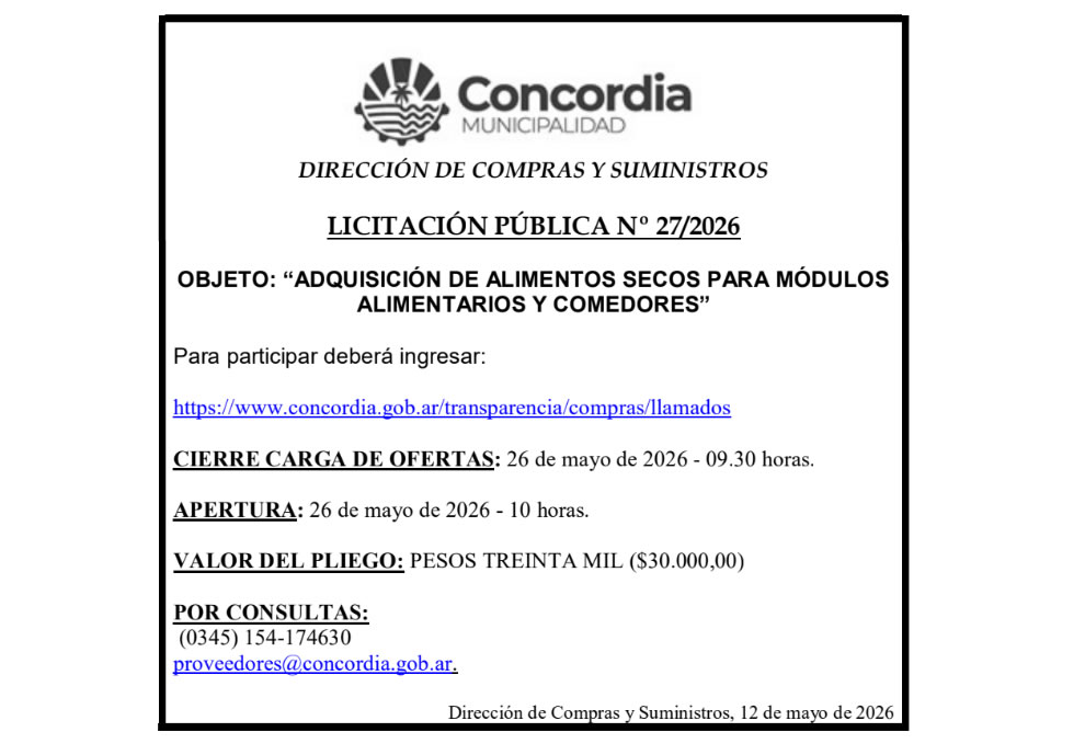 Municipalidad de Concordia – Dirección de Compras y Suministros – Licitación Pública No 27/2026