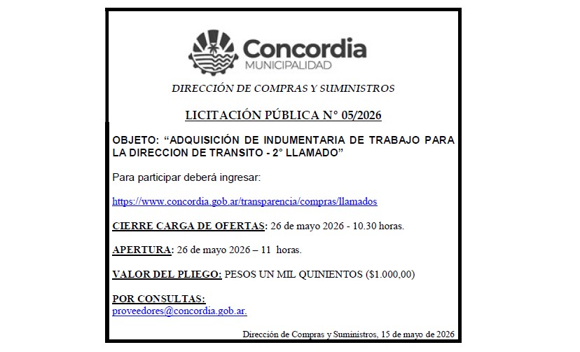 Municipalidad de Concordia – Dirección de Compras y Suministros – Licitación Pública Nº 05/2026