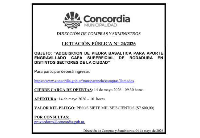 Municipalidad de Concordia  – Dirección de Compras y Suministros – Licitación Pública No 24/2026