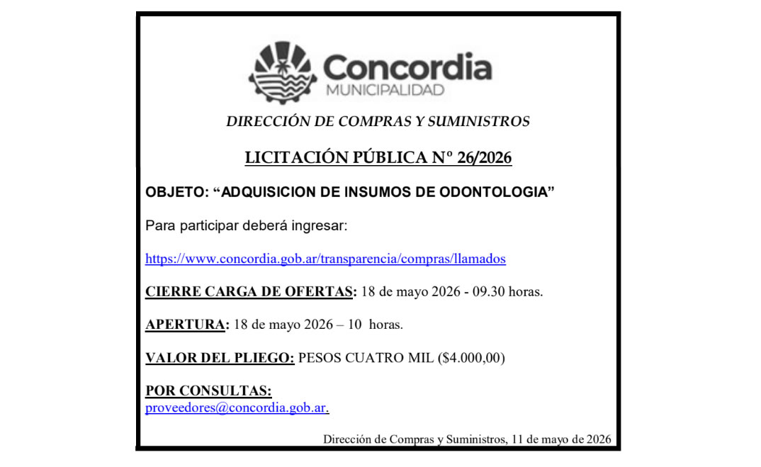 Municipalidad de Concordia – Dirección de Compras y Suministros – Licitación Pública N° 26/2026