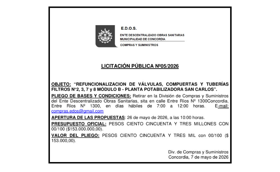 Ente Descentralizado Obras Sanitarias – Municipalidad de Concordia – Licitación pública N° 05/2026
