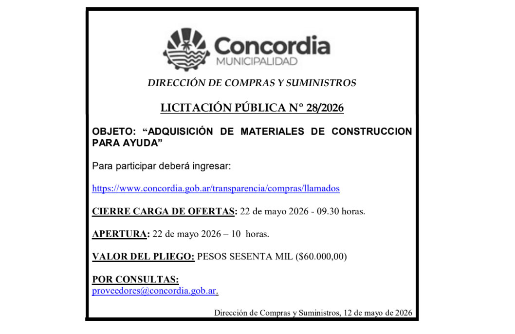 Municipalidad de Concordia – Dirección de Compras y Suministros – Licitación Pública No 28/2026
