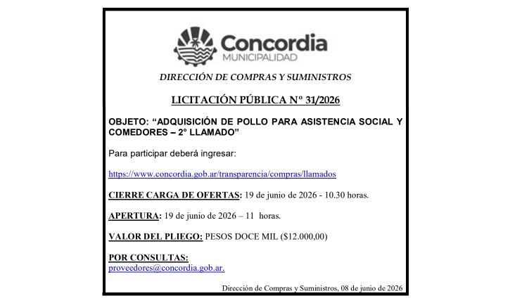 Municipalidad de Concordia – Dirección de Compras y Suministros – Licitación Pública N° 31/2026