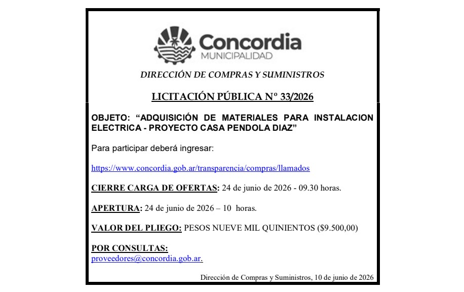 Municipalidad de concordia – Dirección de Compras y Suministros – Licitación Pública N° 33/2026