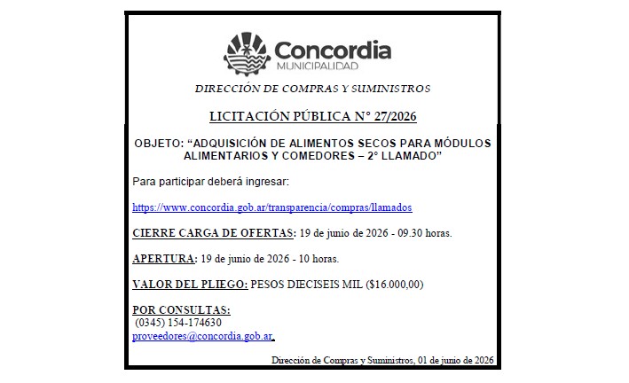 Municipalidad de Concordia – Dirección de Compras y Suministros – Licitación Pública N° 27/2026