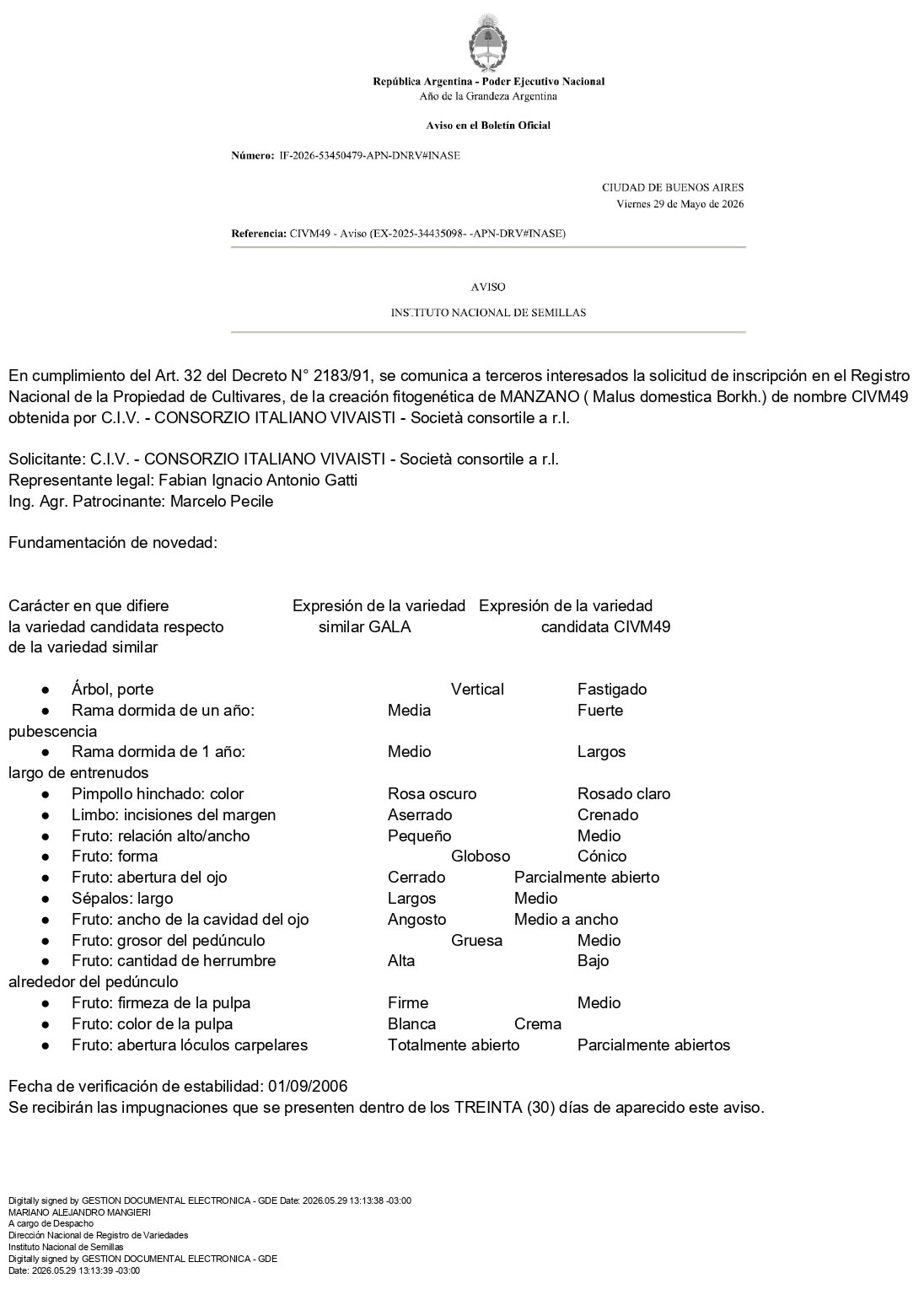 Art. 32 del Decreto N° 2183/91, se comunica a terceros interesados la solicitud de inscripción en el Registro Nacional de la Propiedad de Cultivares