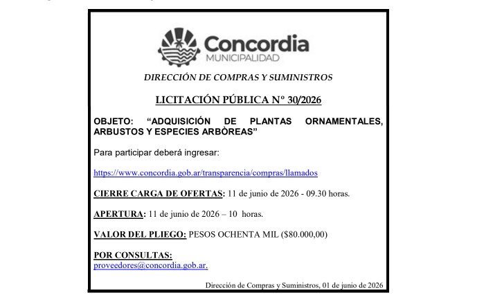 Municipalidad de Concordia – Dirección de Compras y Suministros – Licitación Pública N° 30/2026