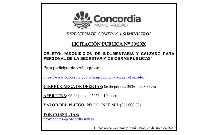 Municipalidad de Concordia – Dirección de Compras y Suministros Licitación Pública N° 39/2026