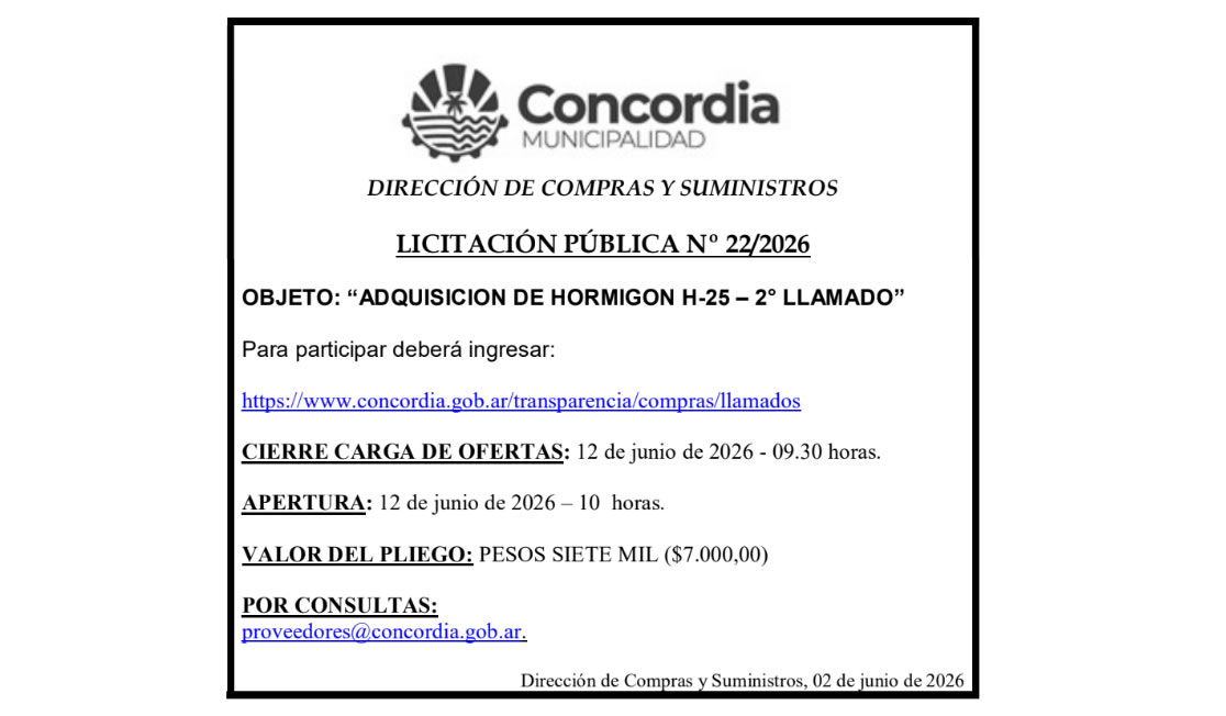 Municipalidad Concordia – Dirección de Compras y Suministros – Licitación Pública N° 22/2026