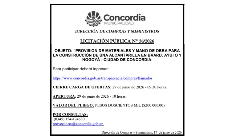 Municipalidad de Concordia – Dirección de Compras y Suministros – Licitación Pública N° 36/2026