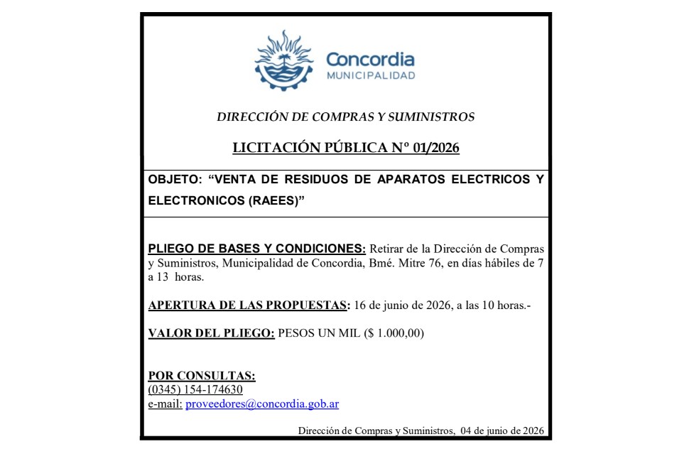 Municipalidad de Concordia – Dirección de Compras y Suministros – Licitación Pública N° 01/2026