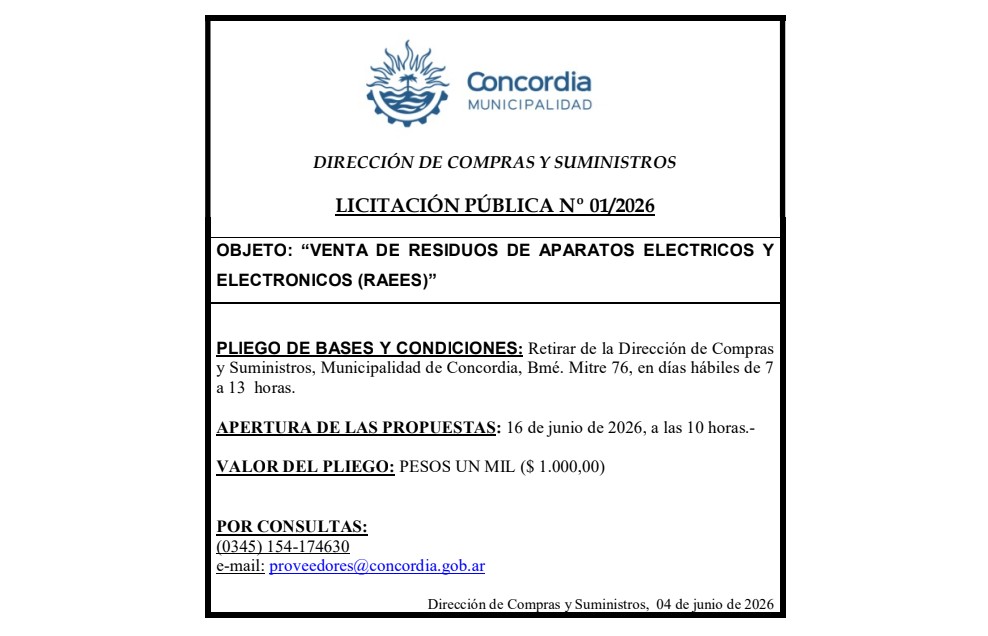 Municipalidad de Concordia – Dirección de Compras y Suministros – Licitación Pública N° 01/2026