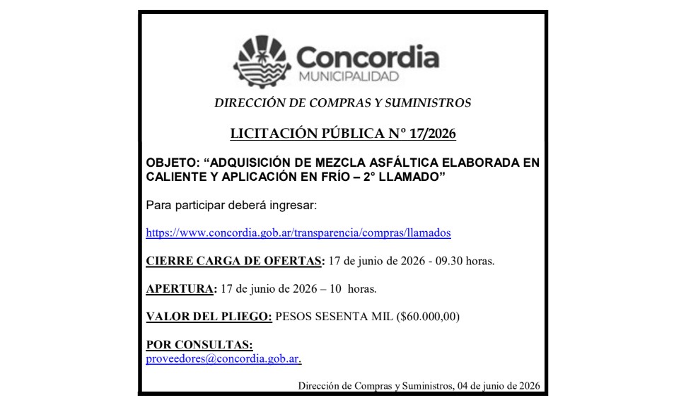 Municipalidad de Concordia – Dirección de Compras y Suministros – Licitación Pública N° 17/2026