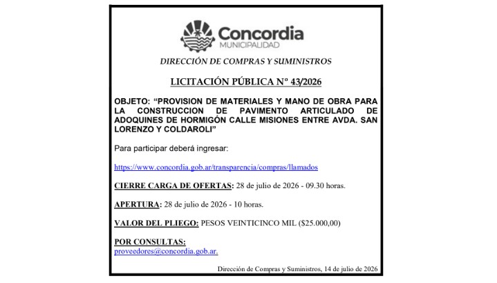 Municipalidad de Concordia – Dirección de Compras y Suministros – Licitación Pública No 43/2026