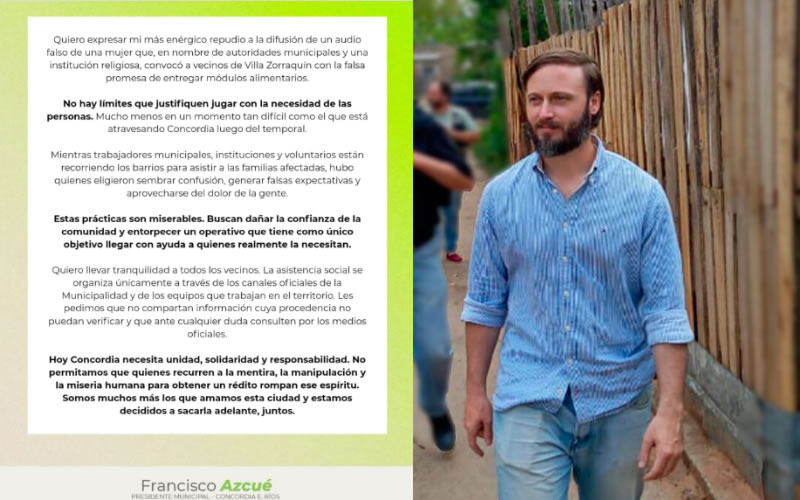 Azcué repudió la difusión de un audio falso que prometía asistencia alimentaria en Villa Zorraquín