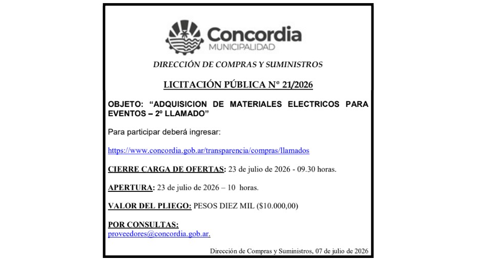 Municipalidad de Concordia – Dirección de Compras y Suministros – Licitación Pública No 21/2026