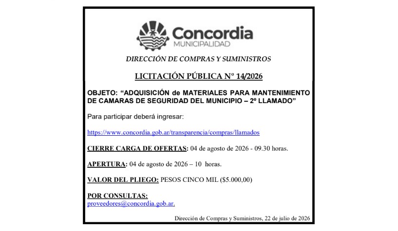 Municipalidad de Concordia – Dirección de Compras y Suministros – Licitación Pública No 14/2026
