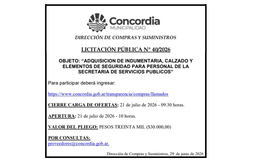Municipalidad de Concordia – Dirección de Compras y Suministros – Licitación Pública N° 40/2026