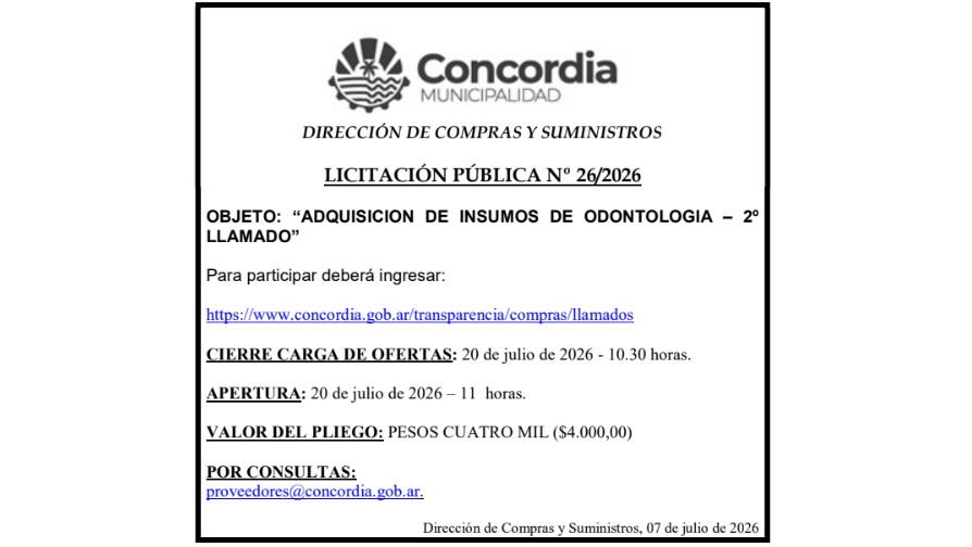 Municipalidad de Concordia – Dirección de Compras y Suministros – Licitación Pública N° 26/2026