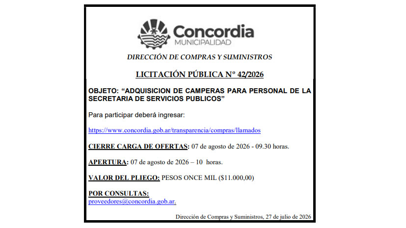 Municipalidad de Concordia – Dirección de Compras y Suministros – Licitación Pública Nº 42/2026