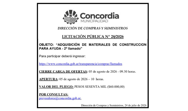 Municipalidad de Concordia – Dirección de Compras y Suministros – Licitación Pública Nº 28/2026