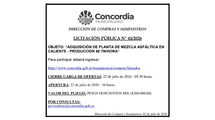 Municipalidad de Concordia – Dirección de Compras y Suministros – Licitación Pública N° 41/2026