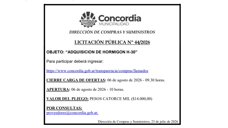 Municipalidad de Concordia – Dirección de Compras y Suministros – Licitación Pública N° 44/2026