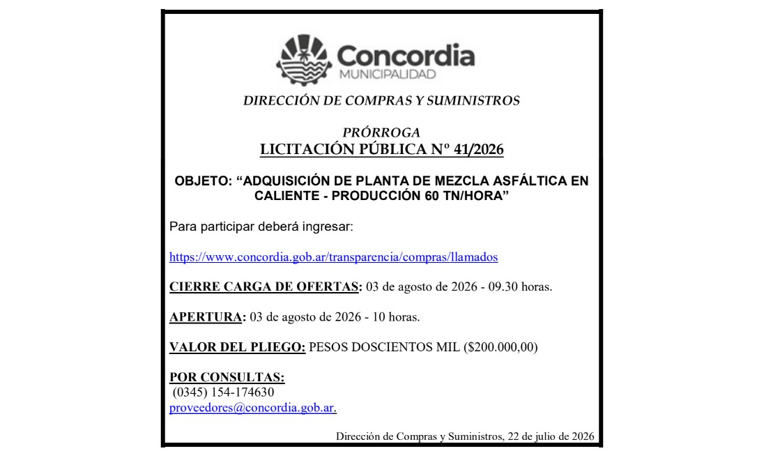 Municipalidad de Concordia – Dirección de Compras y Suministros – Prórroga – Licitación Pública No 41/2026