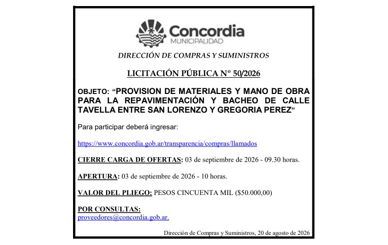 Municipalidad de Concordia – Dirección de Compras y Suministros – Licitación Pública N° 50/2026