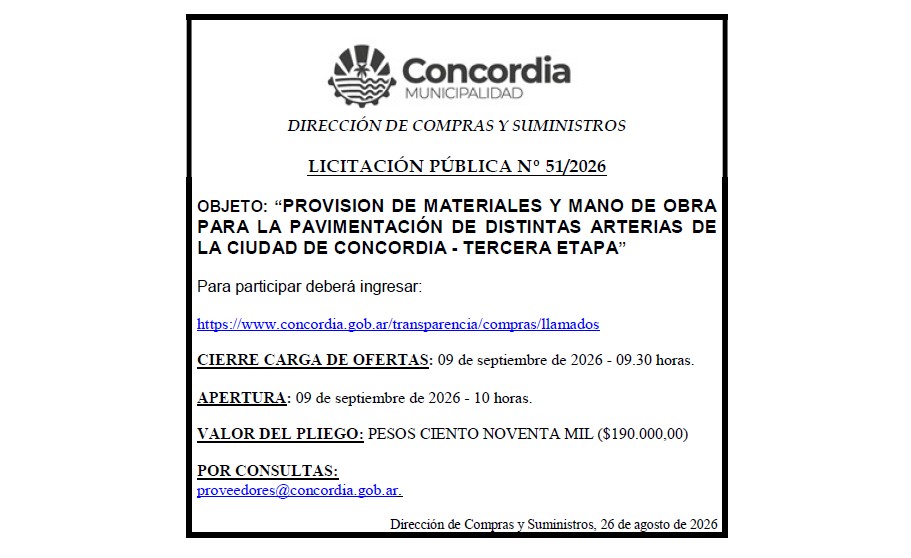 Municipalidad de Concordia – Dirección de Compras y Suministros – Licitación Pública Nº 51/2026