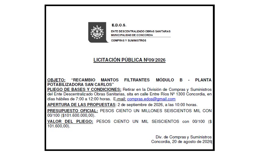 Entre Descentralizado Obras Sanitarias – Municipalidad de Concordia – Compras y Suministros – Licitación Pública N° 09/2026