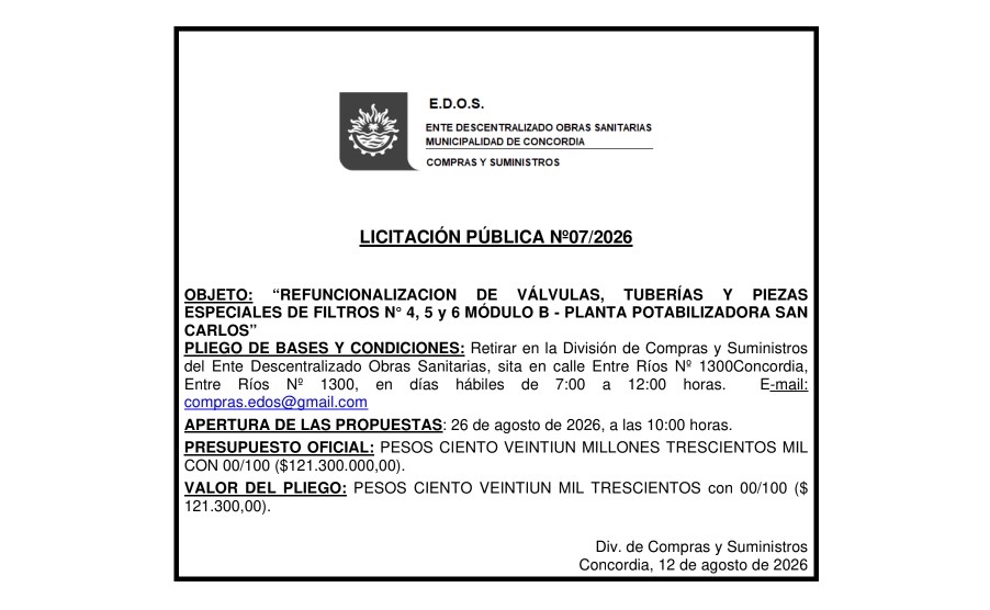 Ente Descentralizado de Obras Sanitarias – Licitación Pública N° 07/2026
