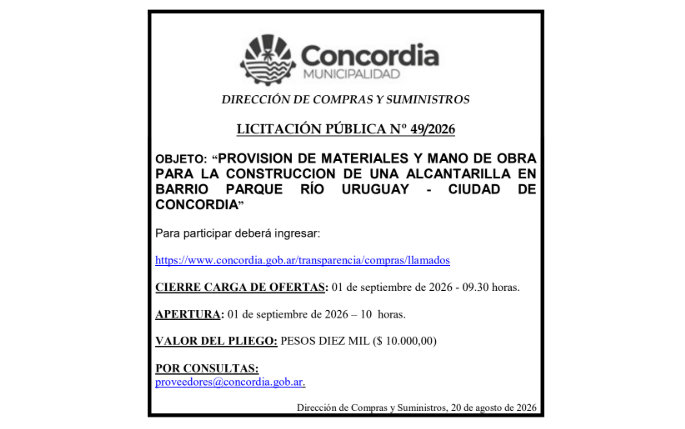 Municipalidad de Concordia – Dirección de Compras y Suministros – Licitación Pública N° 49/2026