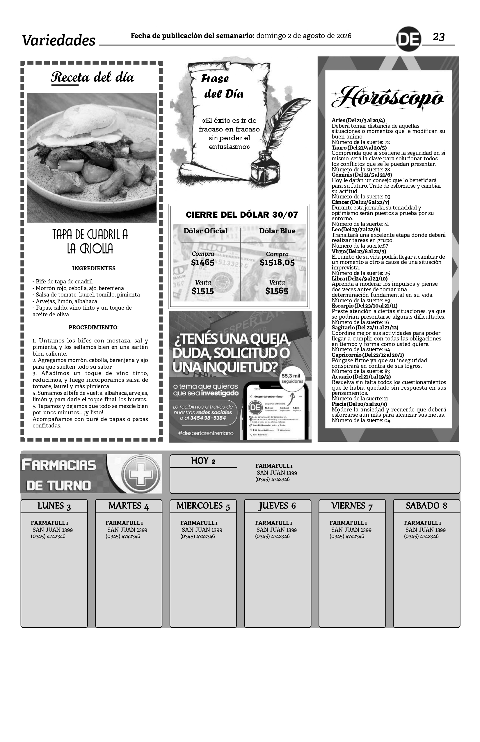 Farmacias de Turno del 2 de agosto al 8 de agosto
