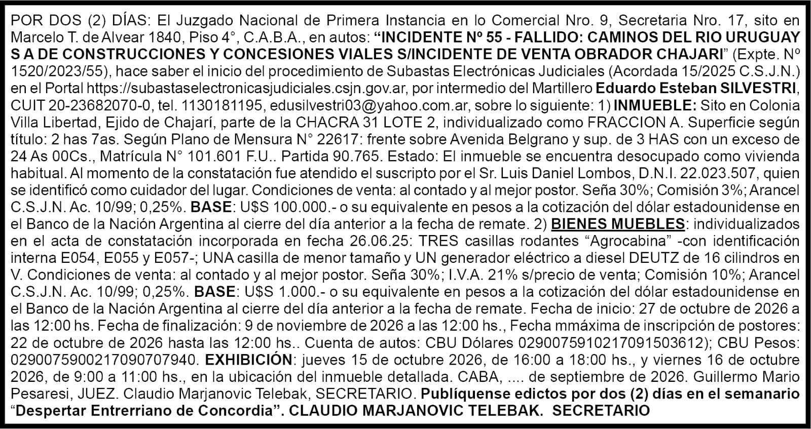 Remate judicial en Chajarí: inmueble y bienes muebles salen a subasta