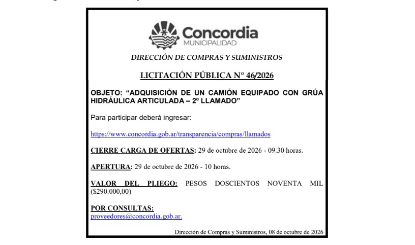 Municipalidad de Concordia – Dirección de Compras y Suministros – Licitación Pública No 46/2026