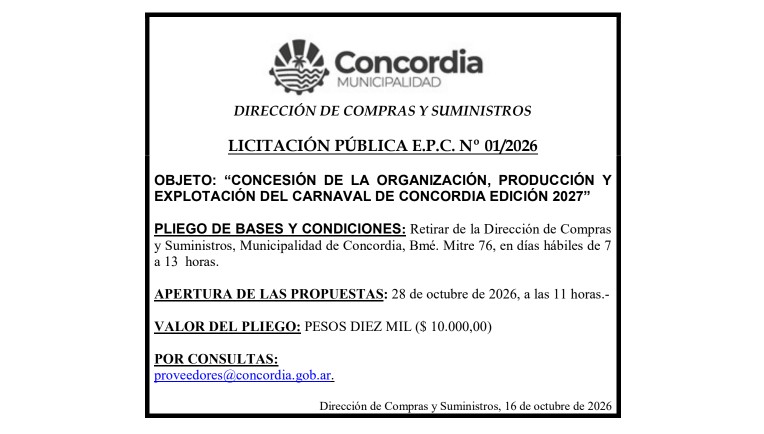 Municipalidad de Concordia – Dirección de Compras y Suministros – Licitación Pública E.P.C. N° 01/2026