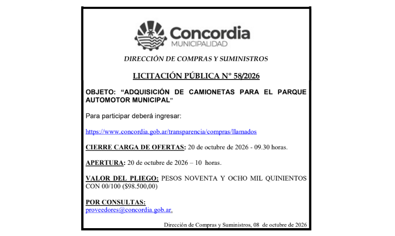 Municipalidad de Concordia – Dirección de Compras y Suministros – Licitación Pública No 58/2026