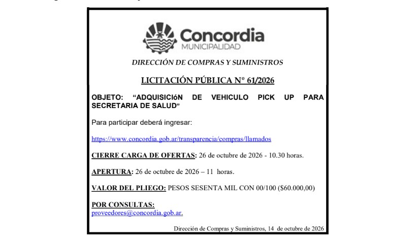 Municipalidad de Concordia – Dirección de Compras y Suministros – Licitación Pública N° 61/2026